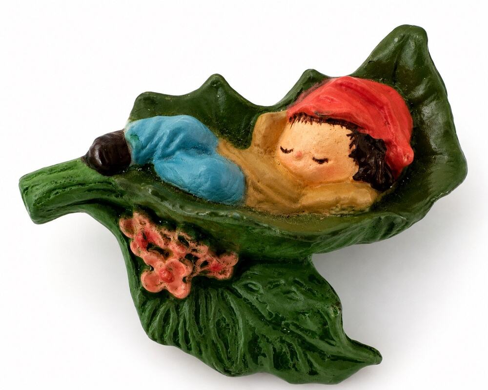 Vintage Sleeping Elf Child Leaf Brooch Hand Painted Figural Pin 2.25" Unsigned
